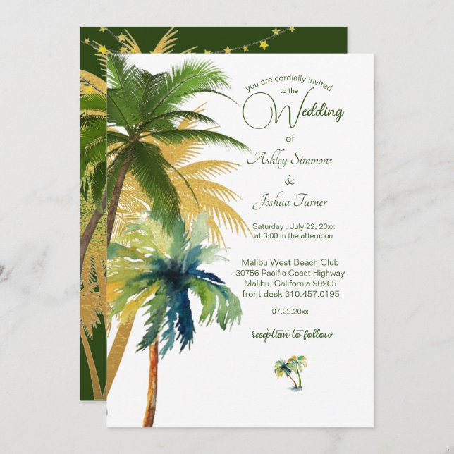 Palm Tree Beach Wedding Einladung (Vorne/Hinten)