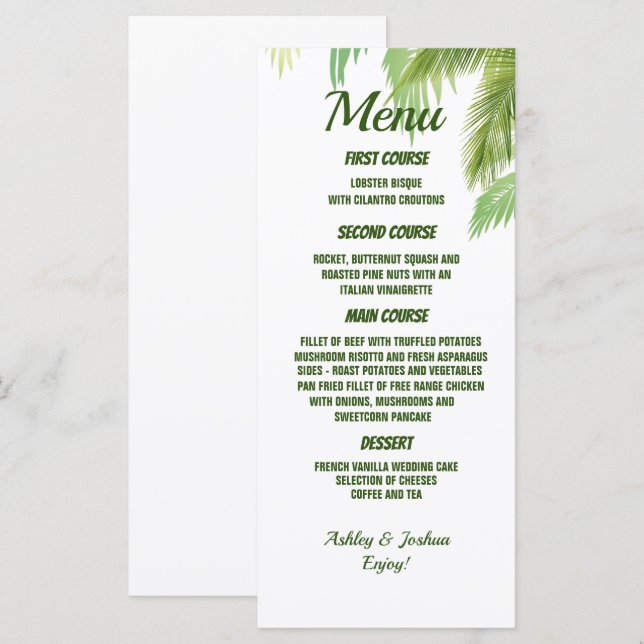 Palm Tree Beach Wedding Menu Menükarte (Vorne/Hinten)