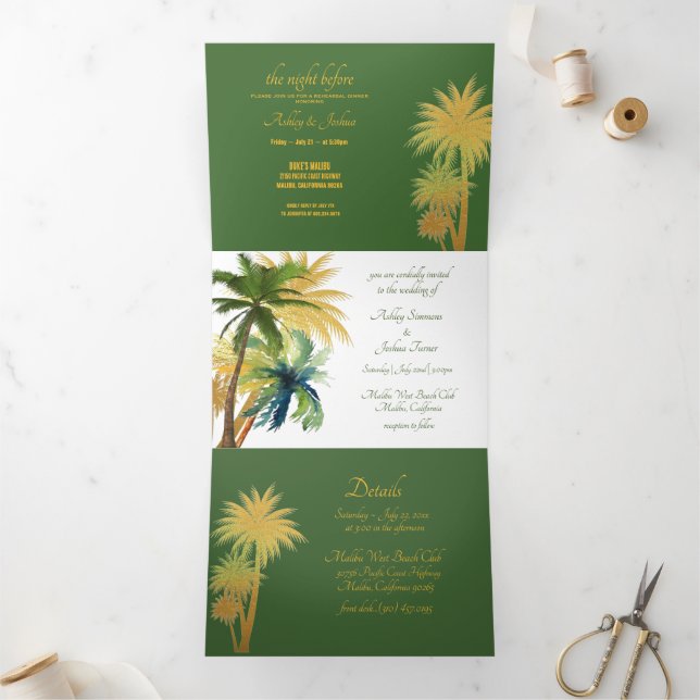 Palm Tree Beach Wedding Tri-Fold Dreifach Gefaltete Einladung (Innenseite)