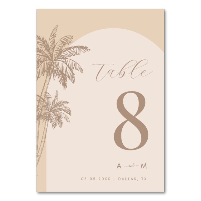 Palm Tree Beige Classic Monogram Beach Wedding Tischnummer (Rückseite)