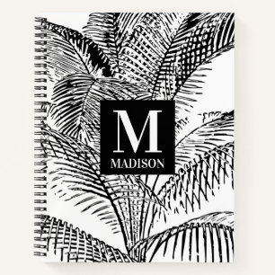 Palm Tree Blätter Schwarz-Weiß-Abstrakte Monogramm Notizbuch