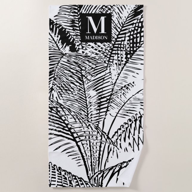 Palm Tree Blätter Schwarz-Weiß-Abstrakte Monogramm Strandtuch (Vorderseite)
