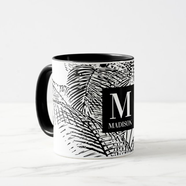 Palm Tree Blätter Schwarz-Weiß-Abstrakte Monogramm Tasse (Vorderseite Links)