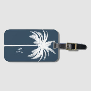 Palm Tree Blau Weiße Tropische Elegante Monogramm  Gepäckanhänger