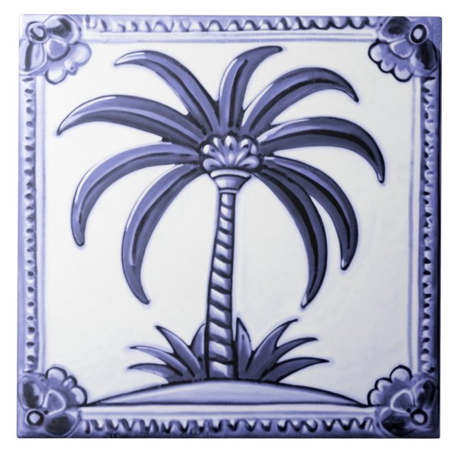 Palm Tree Blue und White Middle East Beach Fliese (Vorderseite)