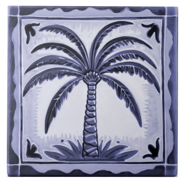 Palm Tree Blue und White Tropical Beach House Fliese (Vorderseite)