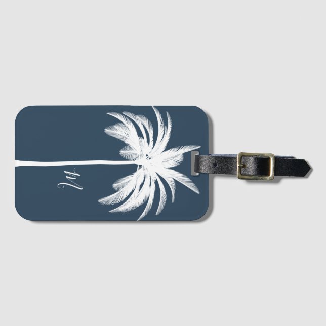 Palm Tree Blue White Tropical Elegant Monogram Gepäckanhänger (Vorderseite (Horizontal))
