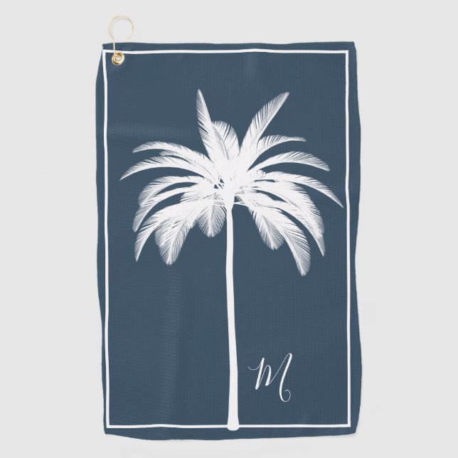 Palm Tree Blue White Tropical Elegant Monogram Golfhandtuch (Vorderseite)