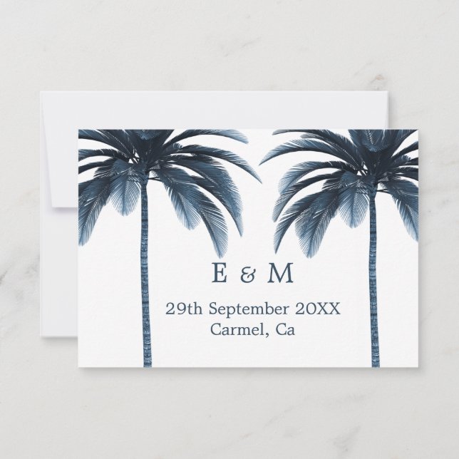 Palm Tree Blue White Wedding Save the Date (Rückseite)