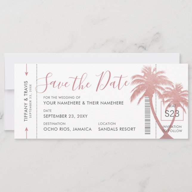 Palm Tree Boarding Pass Ticket Rose Gold Pink Save The Date (Vorderseite)