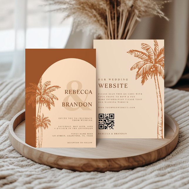 Palm Tree Boho Beach Terracotta QR Code Wedding Einladung (Von Creator hochgeladen)
