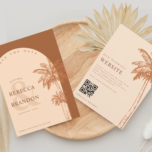 Palm Tree Boho Beach Terracotta QR Code Wedding Save The Date (Von Creator hochgeladen)