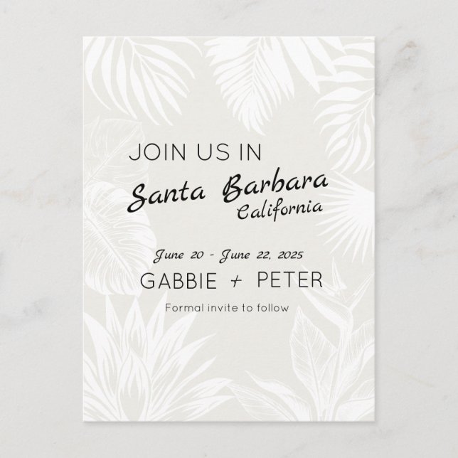 Palm Tree Botanische Typografie Save the Date saub Postkarte (Vorderseite)