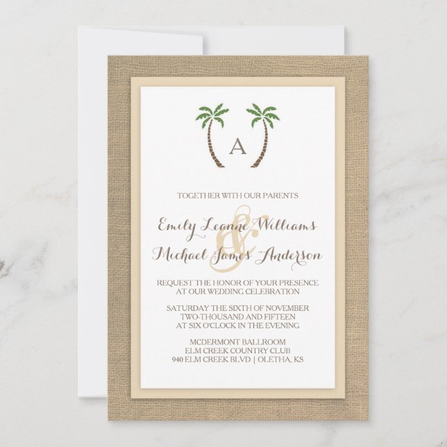 Palm Tree Burlap Beach Tropical Wedding Einladung (Vorderseite)