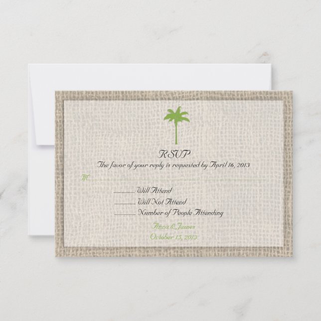 Palm Tree & Burlap Beach Wedding UAWG3 RSVP Karte (Vorderseite)