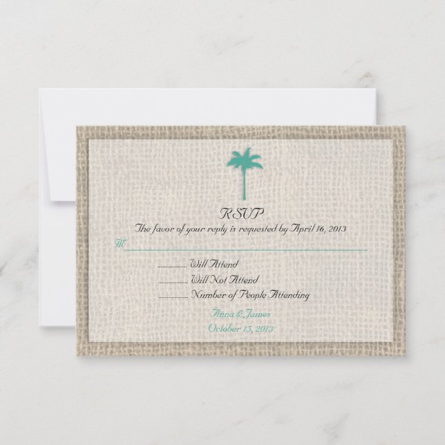 Palm Tree & Burlap Beach Wedding UAWG Türkis RSVP Karte (Vorderseite)