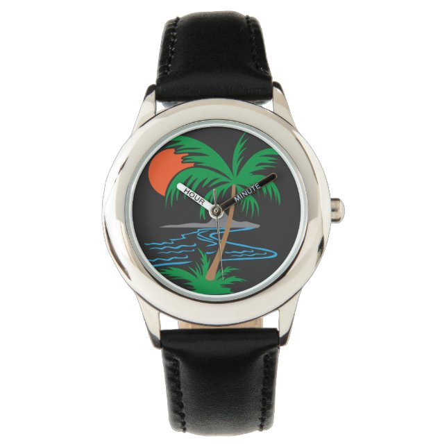 Palm Tree by the River | Tropical Sunset Art Armbanduhr (Vorderseite)