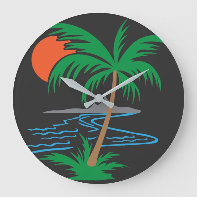 Palm Tree by the River | Tropical Sunset Art Große Wanduhr (Vorderseite)