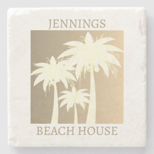 Palm Tree Coastal Beige Sand Beach House Name Steinuntersetzer