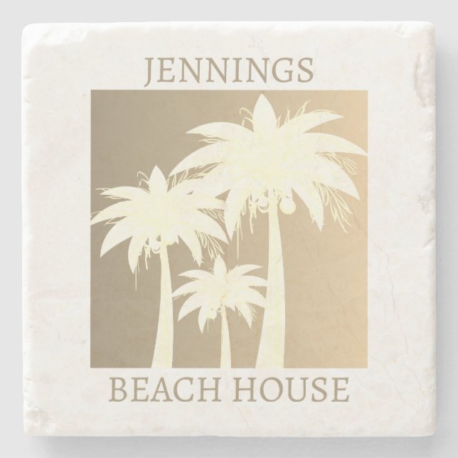 Palm Tree Coastal Beige Sand Beach House Name Steinuntersetzer (Vorderseite)
