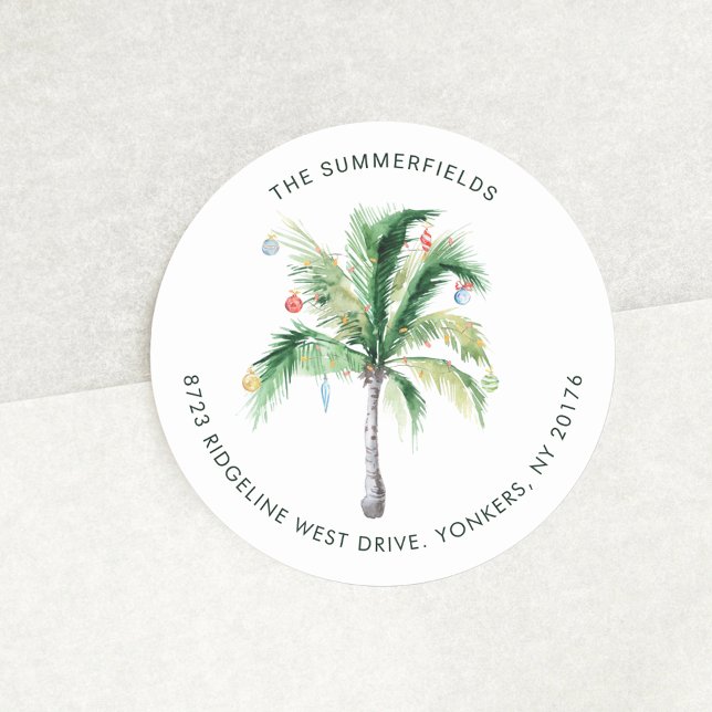 Palm Tree Coastal Weihnachtsfeier Rücksendeadresse Runder Aufkleber (Christmas Holiday Coastal Palm Tree with Return Address Round Sticker)