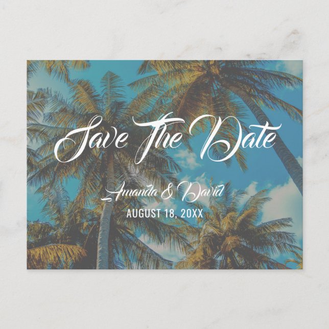 Palm Tree Destination Beach Hochzeit Save the Date Ankündigungspostkarte (Vorderseite)