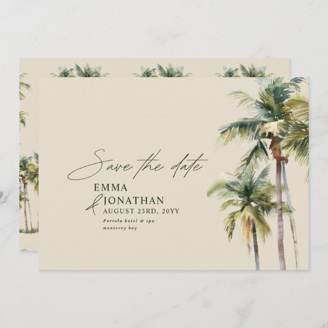 Palm Tree Destination Elegant Coastal Wedding Save The Date (Vorne/Hinten)