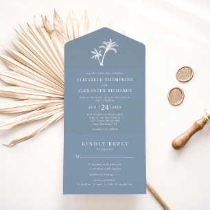 Palm Tree Dusty Blue Tropical Beach Hochzeit All In One Einladung
