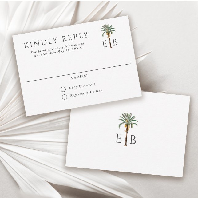Palm Tree Elegant Tropical Monogram Wedding RSVP Karte (Von Creator hochgeladen)