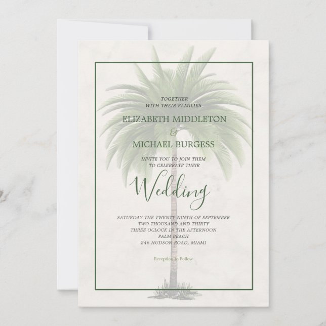 Palm Tree Elegante Moderne Hochzeit des Grünen Fei Einladung (Rückseite)
