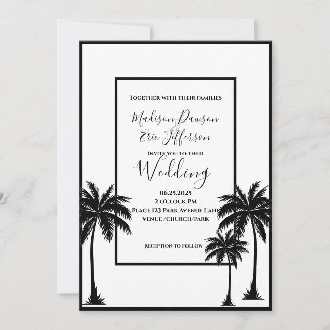 Palm Tree Elegante Schwarz-weiß Hochzeit Einladung (Vorderseite)