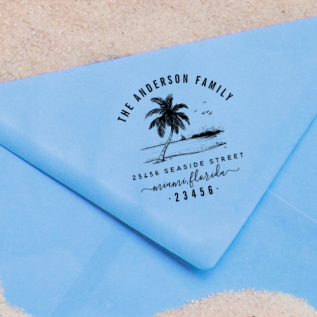 Palm Tree & Family Name Script-Rücksendeadresse Permastempel (Rubber Stamp Mock-up)