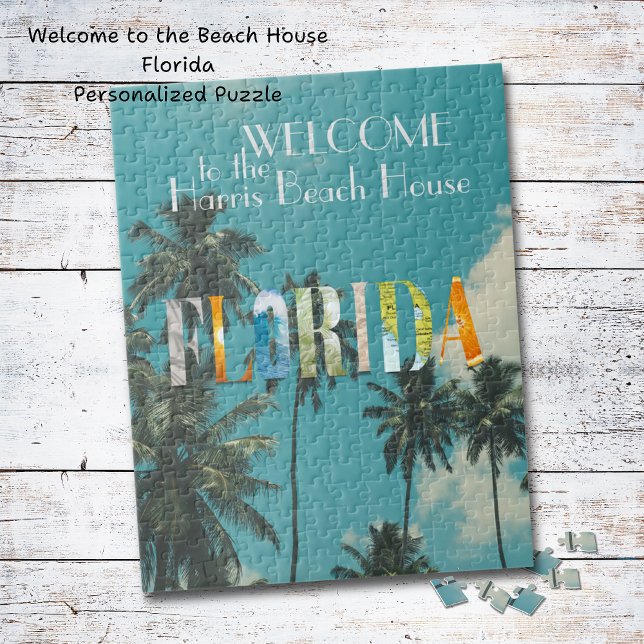 Palm Tree Florida Beach House Puzzle (Personalized puzzle. Perfect for the beach house, Florida home or makes a fun gift! Seal to hang!)