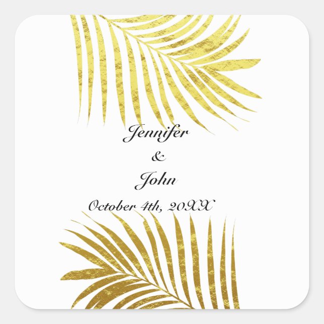 Palm Tree Foliage Gold Foil Blätter Hochzeiten Wei Quadratischer Aufkleber (Vorderseite)