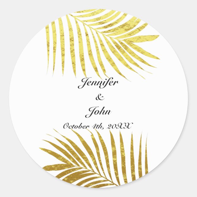 Palm Tree Foliage Gold Foil Blätter Hochzeiten Wei Runder Aufkleber (Vorderseite)