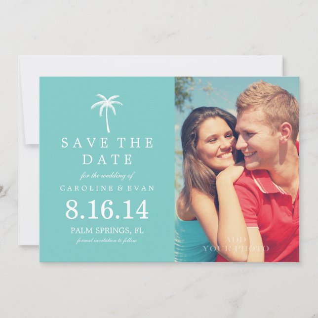 Palm Tree Foto Wedding Save the Date {aqua} (Vorderseite)