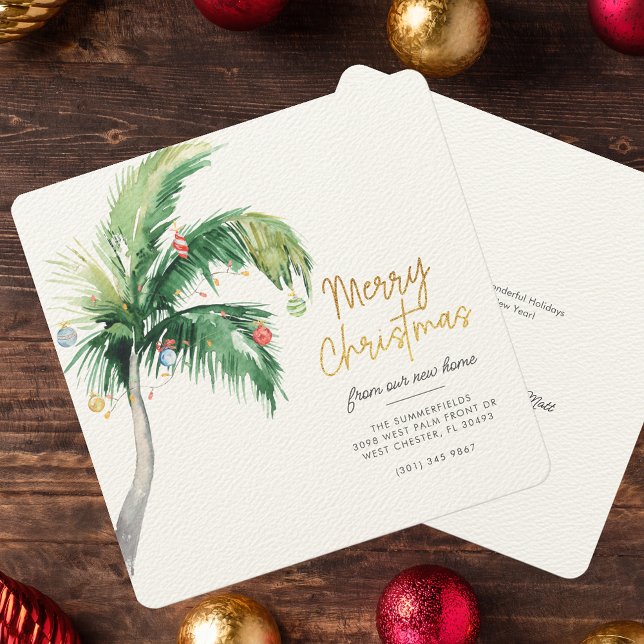 Palm Tree frohe Weihnachten von unserer neuen Zuha Ankündigung (Christmas Holiday Coastal Moving Palm Tree Announcement Luxury Card)