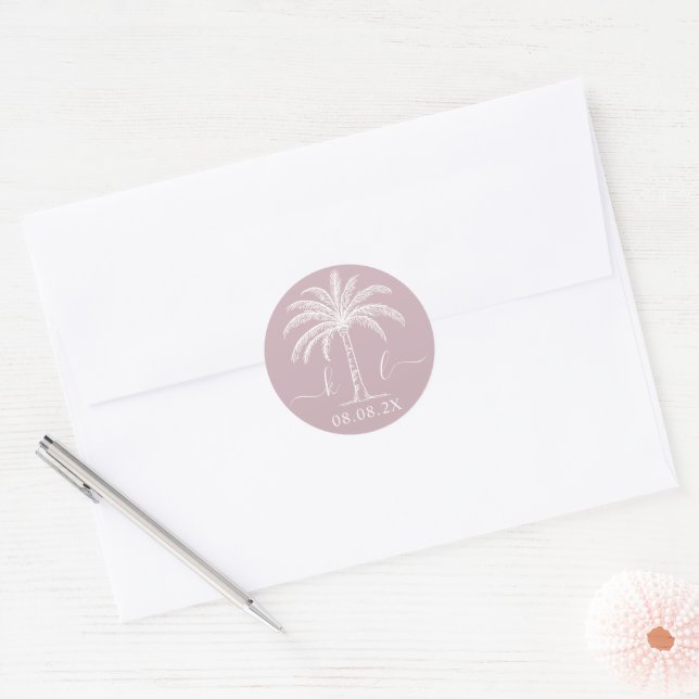 Palm Tree für kundenspezifische Monogramm-Hochzeit Runder Aufkleber (Umschlag)