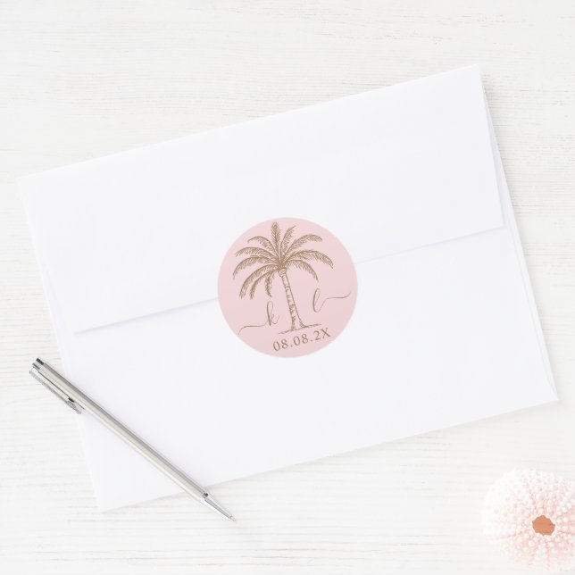 Palm Tree für kundenspezifische Monogramm-Hochzeit Runder Aufkleber (Umschlag)