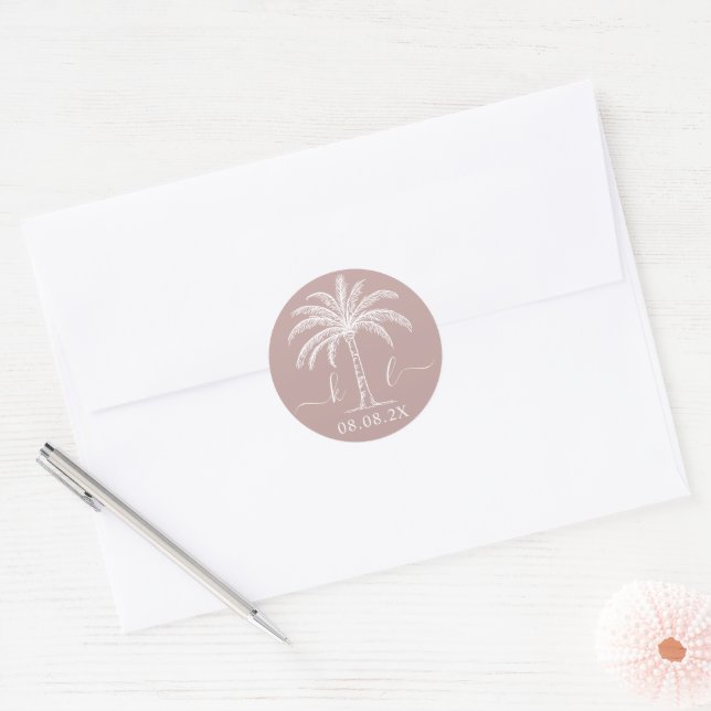 Palm Tree für kundenspezifische Monogramm-Hochzeit Runder Aufkleber (Umschlag)