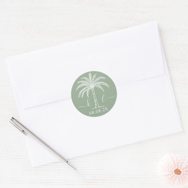 Palm Tree für kundenspezifische Monogramm-Hochzeit Runder Aufkleber (Umschlag)