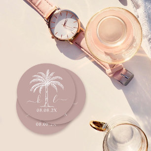 Palm Tree für kundenspezifische Monogramm-Hochzeit Runder Pappuntersetzer