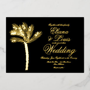 Palm Tree Gold Black Sommerhochzeit geprägt  Folieneinladung