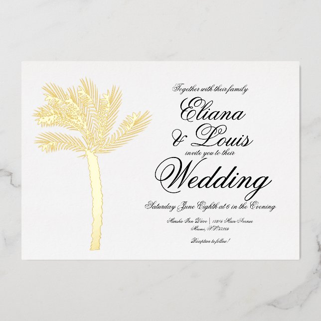 Palm Tree Gold Black Summer Wedding gepresst Folieneinladung (Vorderseite)