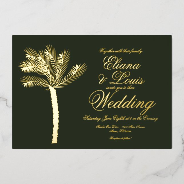 Palm Tree Gold Green Summer Wedding gepresst Folieneinladung (Vorderseite)