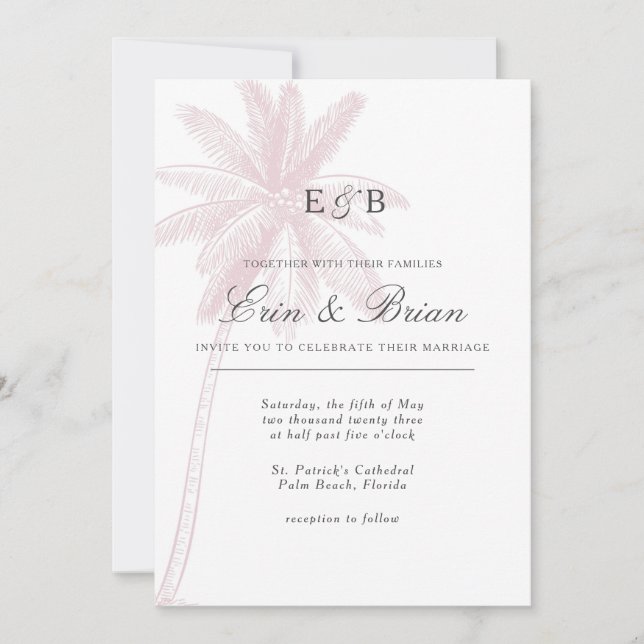 Palm Tree Hochzeit Einladung Rosa Rosa Vintag (Vorderseite)
