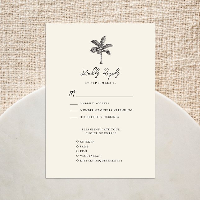 Palm Tree Ivory Minimalistische Hochzeit in Urlaub RSVP Karte (Von Creator hochgeladen)