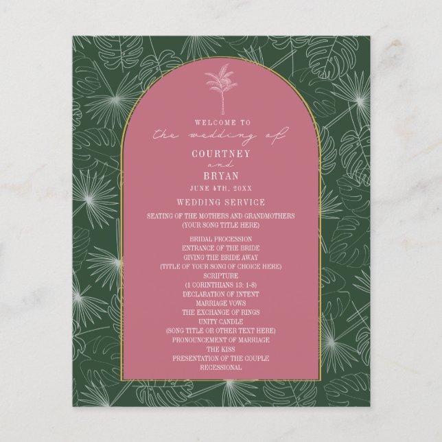 Palm Tree Leaf Pink & Green Wedding Programm (Vorderseite)