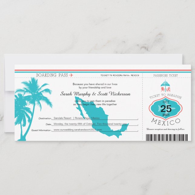 Palm Tree Mexico Boarding Pass Wedding Einladung (Vorderseite)