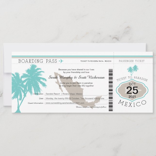 Palm Tree Mexico Boarding Pass Wedding Einladung (Vorderseite)